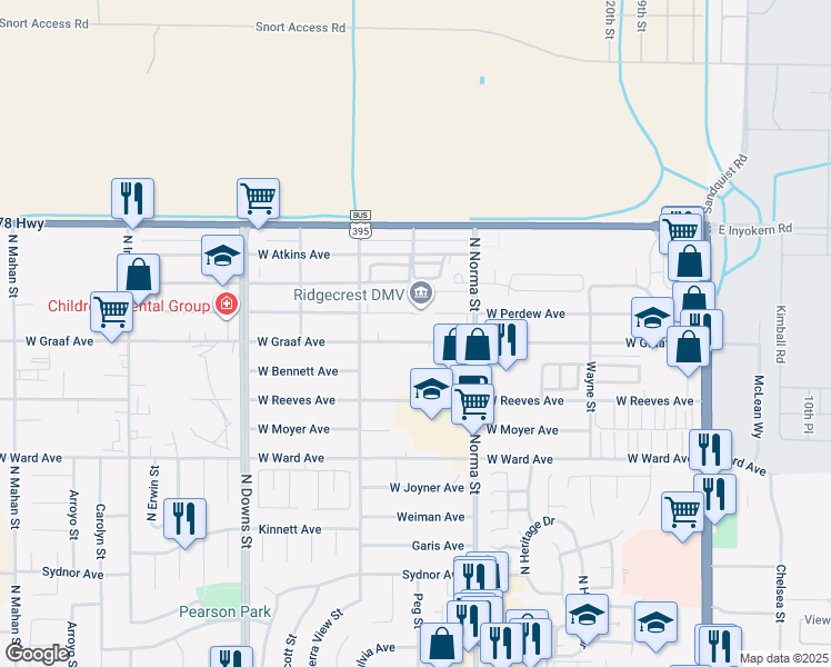 map of restaurants, bars, coffee shops, grocery stores, and more near 540 West Perdew Avenue in Ridgecrest