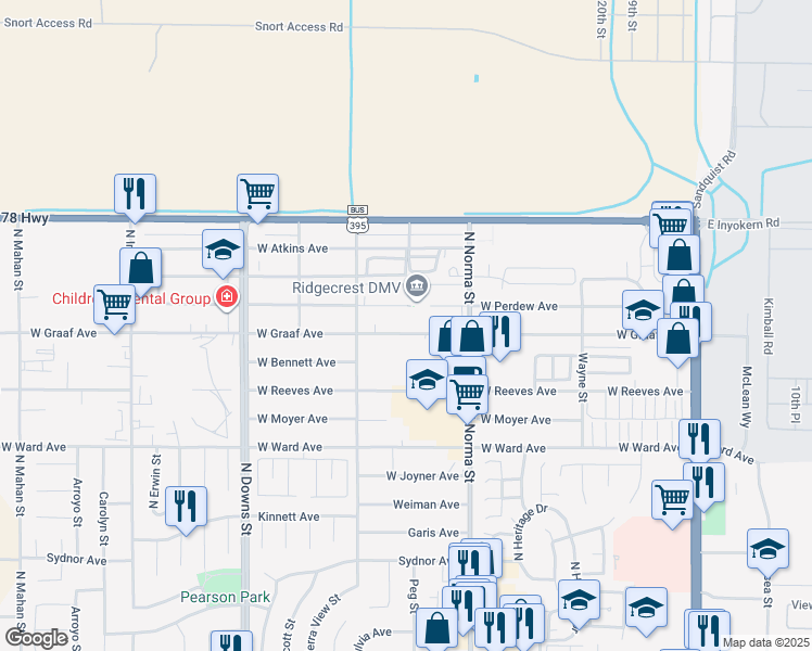 map of restaurants, bars, coffee shops, grocery stores, and more near 540 West Perdew Avenue in Ridgecrest