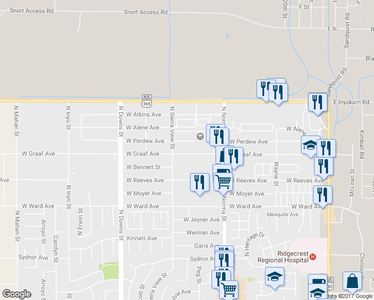 map of restaurants, bars, coffee shops, grocery stores, and more near 625 West Perdew Avenue in Ridgecrest