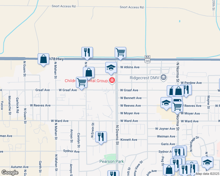 map of restaurants, bars, coffee shops, grocery stores, and more near 917 West Perdew Avenue in Ridgecrest