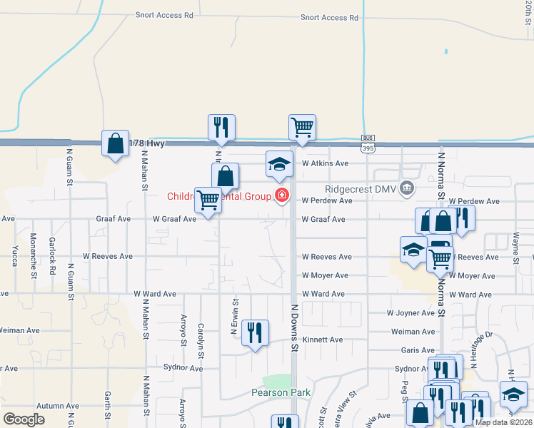 map of restaurants, bars, coffee shops, grocery stores, and more near 1000 West Perdew Avenue in Ridgecrest