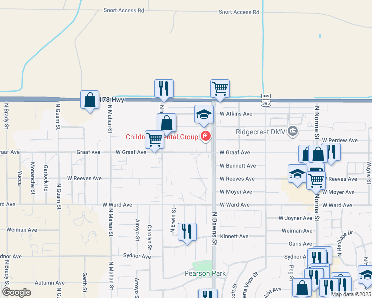 map of restaurants, bars, coffee shops, grocery stores, and more near 1000 West Perdew Avenue in Ridgecrest