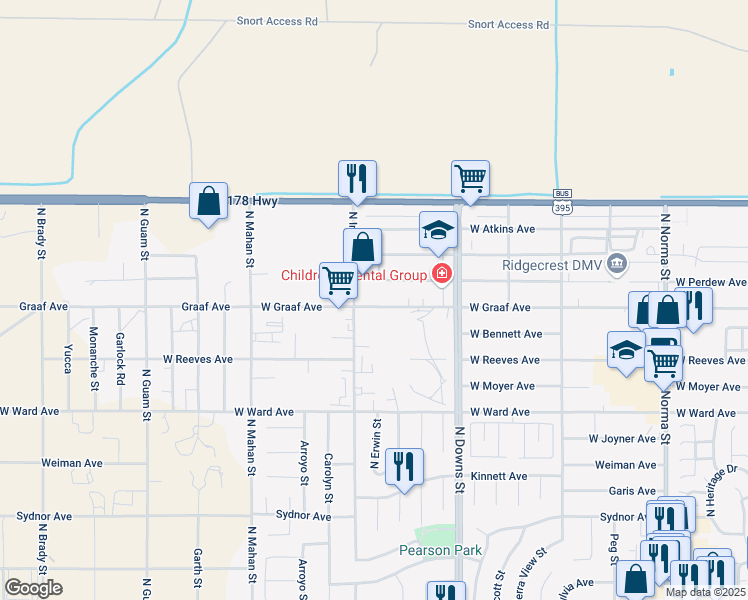 map of restaurants, bars, coffee shops, grocery stores, and more near 1025 West Perdew Avenue in Ridgecrest