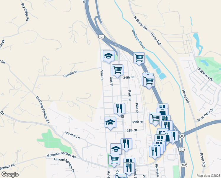 map of restaurants, bars, coffee shops, grocery stores, and more near 3340 Oak Street in Paso Robles