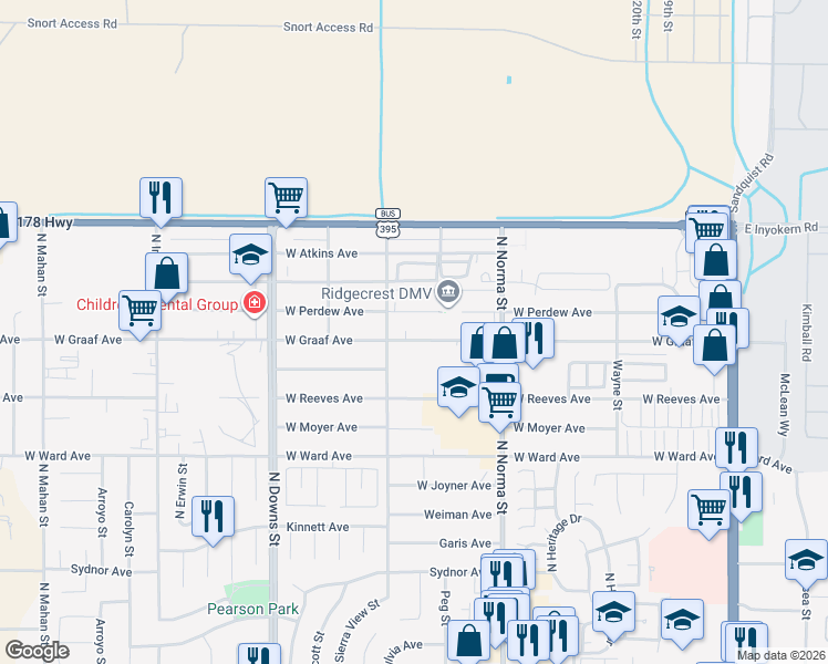 map of restaurants, bars, coffee shops, grocery stores, and more near 636 West Graaf Avenue in Ridgecrest