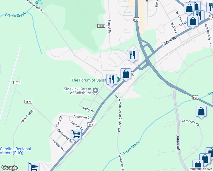map of restaurants, bars, coffee shops, grocery stores, and more near 220 Rowan Mill Road in Salisbury