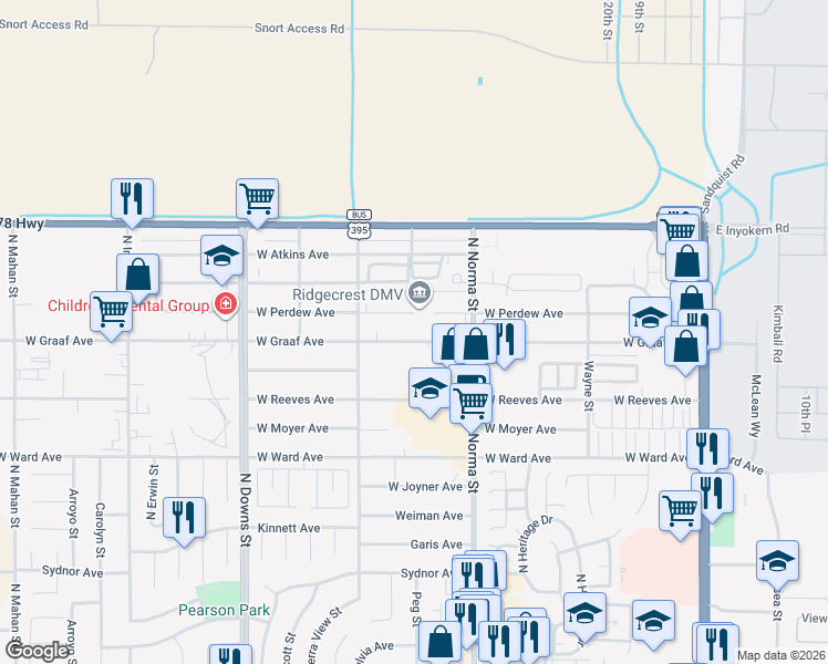 map of restaurants, bars, coffee shops, grocery stores, and more near 600 West Graaf Avenue in Ridgecrest