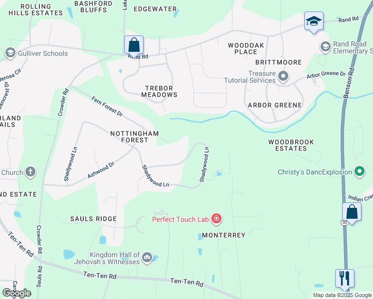 map of restaurants, bars, coffee shops, grocery stores, and more near 1056 Shadywood Lane in Raleigh