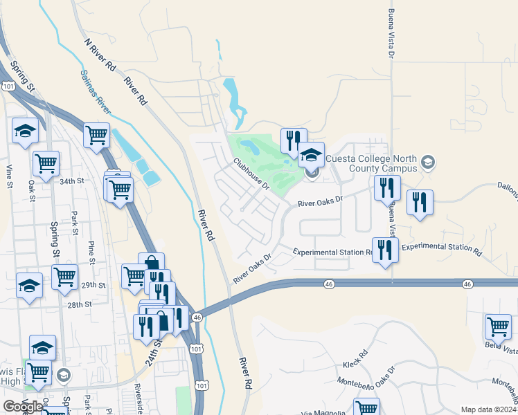 map of restaurants, bars, coffee shops, grocery stores, and more near 2651 Alameda Drive in Paso Robles