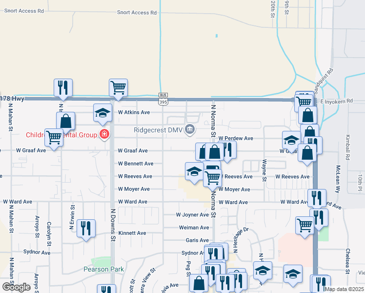 map of restaurants, bars, coffee shops, grocery stores, and more near 608 West Graaf Avenue in Ridgecrest