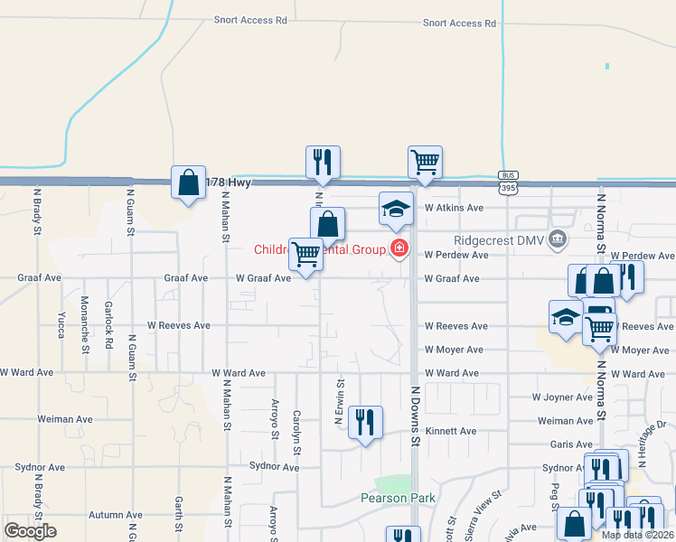 map of restaurants, bars, coffee shops, grocery stores, and more near 1024 West Graaf Avenue in Ridgecrest