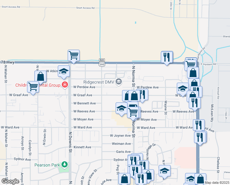 map of restaurants, bars, coffee shops, grocery stores, and more near 604 West Graaf Avenue in Ridgecrest