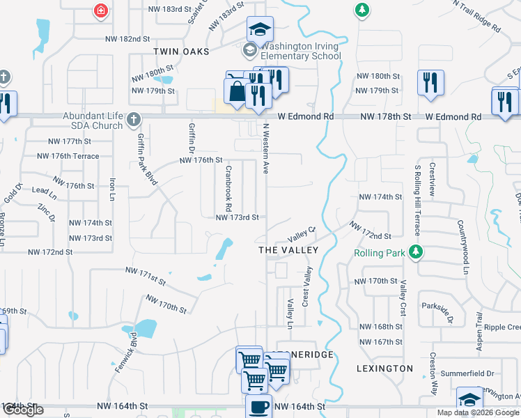 map of restaurants, bars, coffee shops, grocery stores, and more near 17404 Durbin Park Road in Edmond