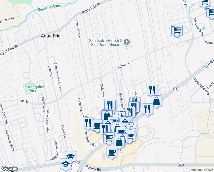 map of restaurants, bars, coffee shops, grocery stores, and more near 4347 Santa Lucia Street in Santa Fe