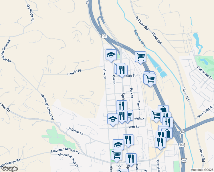 map of restaurants, bars, coffee shops, grocery stores, and more near 3312 Vine Street in Paso Robles
