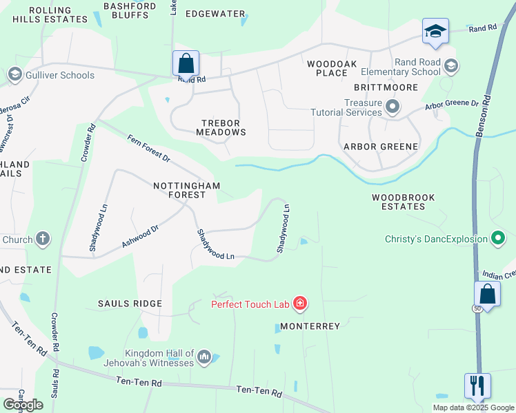 map of restaurants, bars, coffee shops, grocery stores, and more near 1056 Shadywood Lane in Raleigh