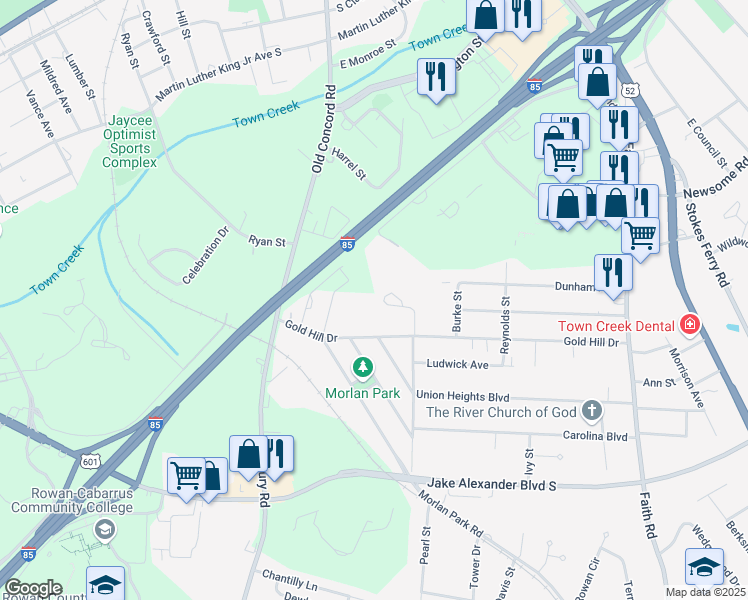 map of restaurants, bars, coffee shops, grocery stores, and more near 335 Crown Point Drive in Salisbury