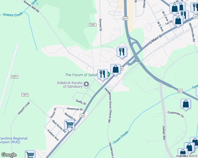 map of restaurants, bars, coffee shops, grocery stores, and more near 220 Rowan Mill Road in Salisbury