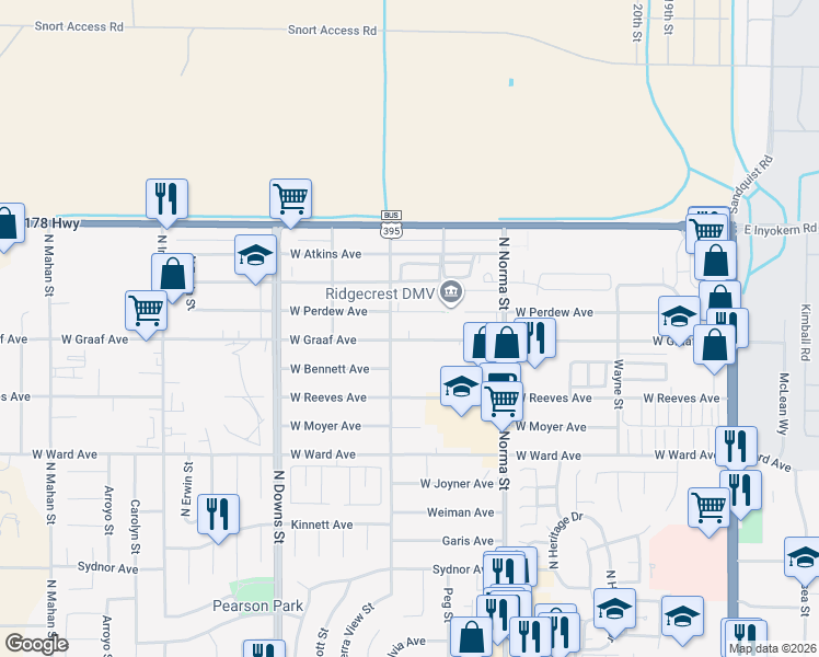 map of restaurants, bars, coffee shops, grocery stores, and more near 628 West Graaf Avenue in Ridgecrest
