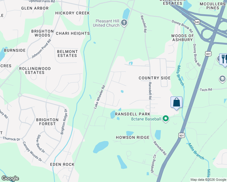map of restaurants, bars, coffee shops, grocery stores, and more near 9128 Lake Wheeler Road in Fuquay-Varina