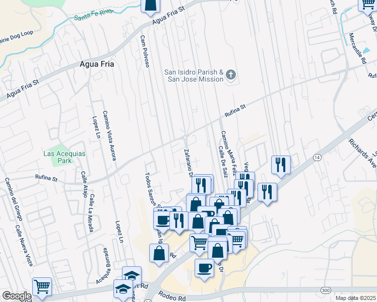 map of restaurants, bars, coffee shops, grocery stores, and more near 4347 Santa Lucia Street in Santa Fe