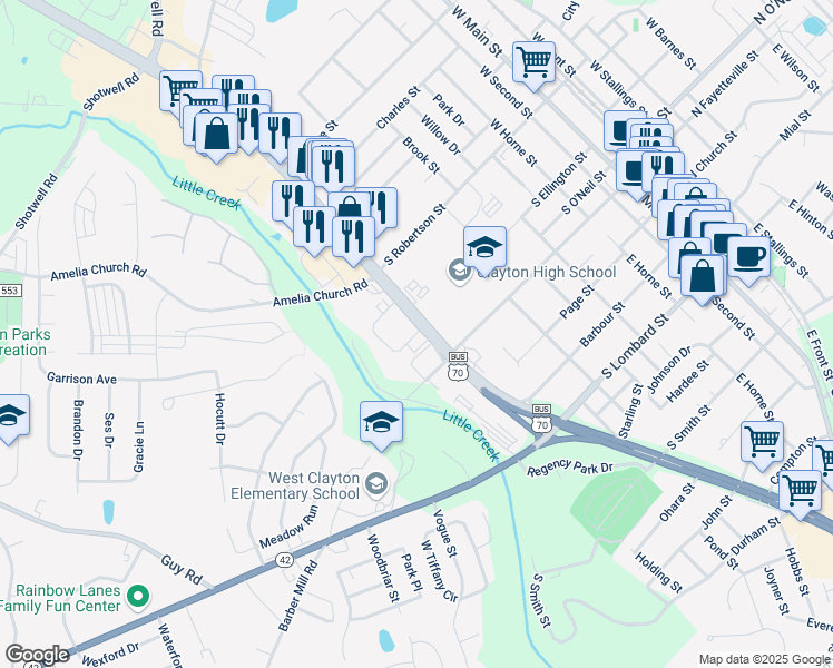 map of restaurants, bars, coffee shops, grocery stores, and more near 11252 U.S. 70 Business in Clayton