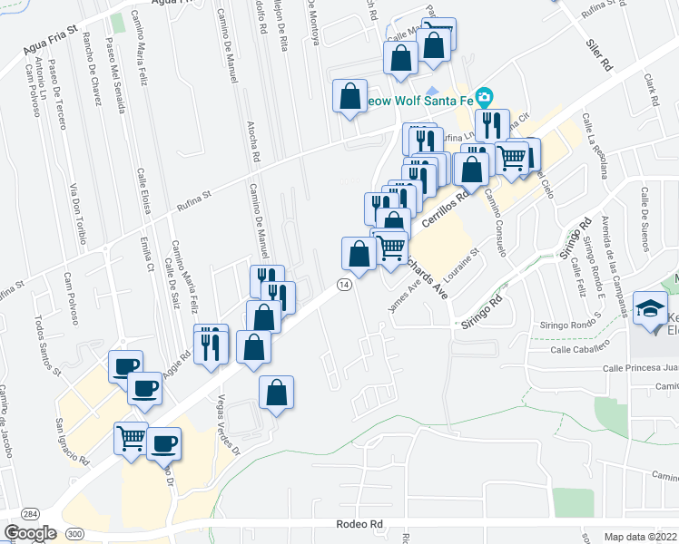 map of restaurants, bars, coffee shops, grocery stores, and more near 3357 Cerrillos Road in Santa Fe