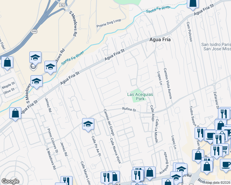 map of restaurants, bars, coffee shops, grocery stores, and more near 5213 Via Nube in Santa Fe