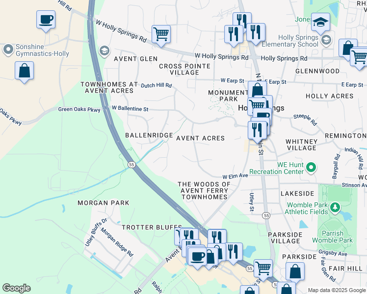 map of restaurants, bars, coffee shops, grocery stores, and more near 401 Holly Berry Lane in Holly Springs