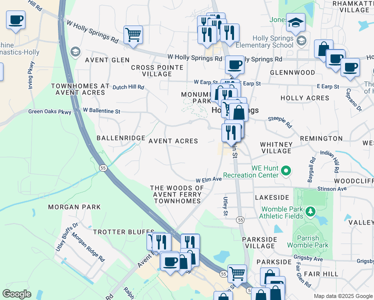 map of restaurants, bars, coffee shops, grocery stores, and more near 300 Ash Court in Holly Springs