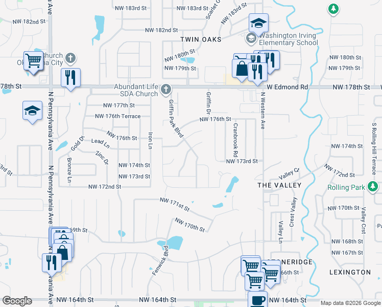 map of restaurants, bars, coffee shops, grocery stores, and more near 1509 Northwest 174th Court in Edmond