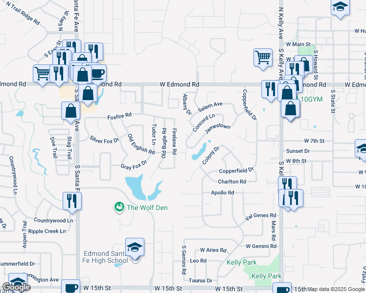map of restaurants, bars, coffee shops, grocery stores, and more near 1533 Concord Lane in Edmond