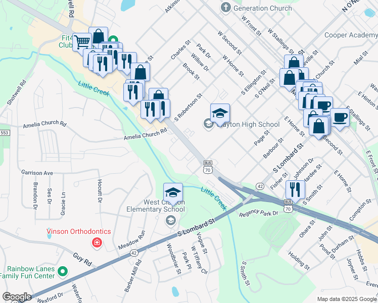 map of restaurants, bars, coffee shops, grocery stores, and more near 11252 U.S. 70 Business in Clayton