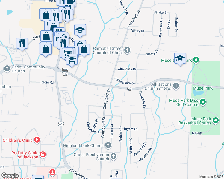 map of restaurants, bars, coffee shops, grocery stores, and more near 8 Timberlake Drive in Jackson
