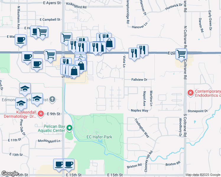 map of restaurants, bars, coffee shops, grocery stores, and more near 655-671 Vista Lane in Edmond