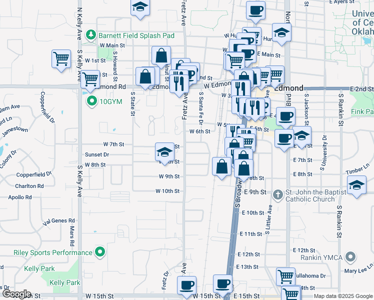 map of restaurants, bars, coffee shops, grocery stores, and more near 224 West 7th Street in Edmond