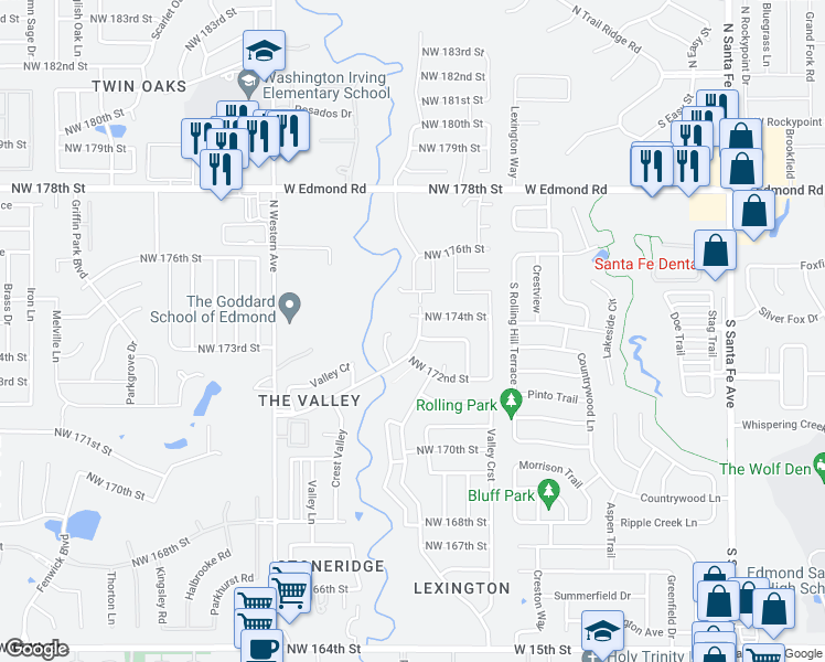 map of restaurants, bars, coffee shops, grocery stores, and more near 17401 Sunny Hollow Road in Edmond