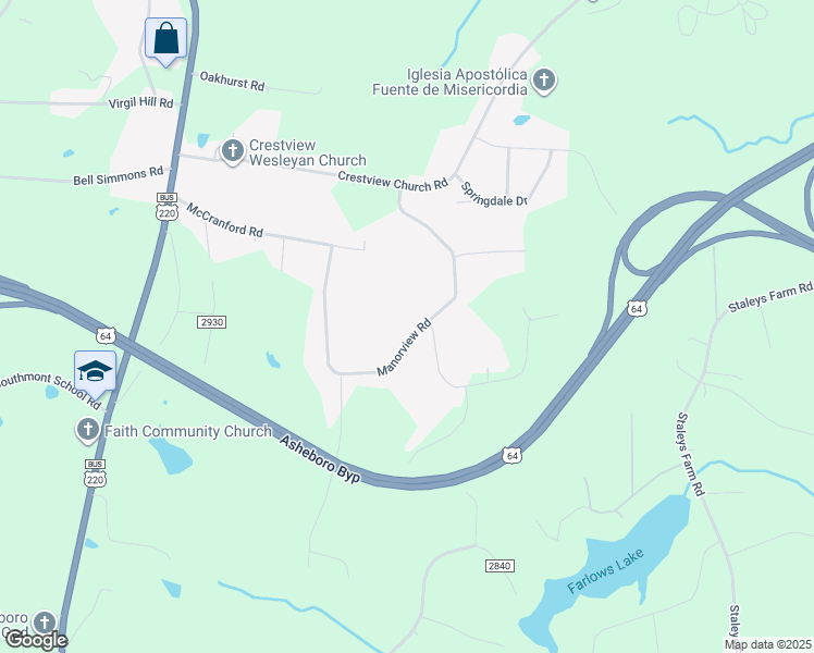 map of restaurants, bars, coffee shops, grocery stores, and more near 1769 Manorview Road in Asheboro