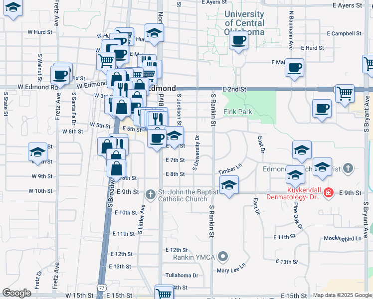 map of restaurants, bars, coffee shops, grocery stores, and more near 312 East 6th Street in Edmond