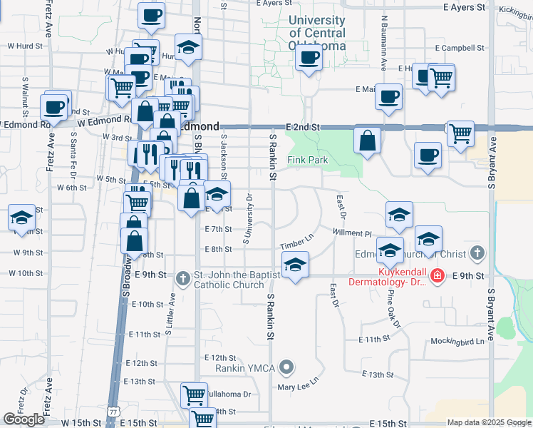 map of restaurants, bars, coffee shops, grocery stores, and more near 411 East 6th Street in Edmond