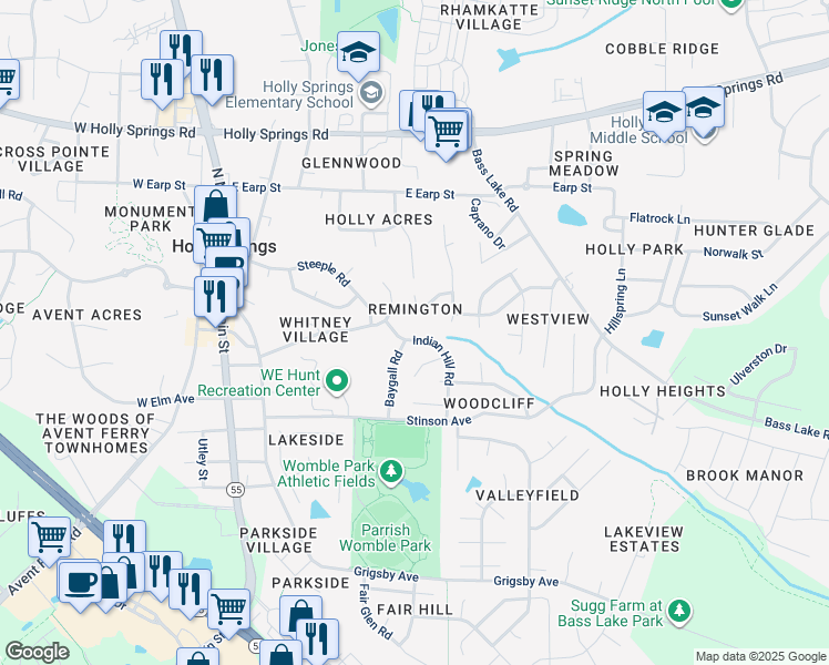 map of restaurants, bars, coffee shops, grocery stores, and more near 413 Indian Hill Road in Holly Springs