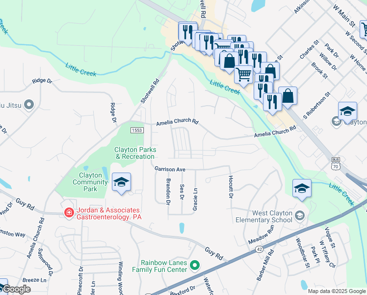 map of restaurants, bars, coffee shops, grocery stores, and more near 123 Scotch Bonnet Ridge in Clayton