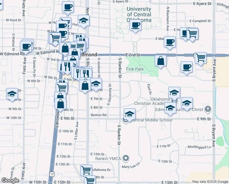 map of restaurants, bars, coffee shops, grocery stores, and more near 411 East 6th Street in Edmond