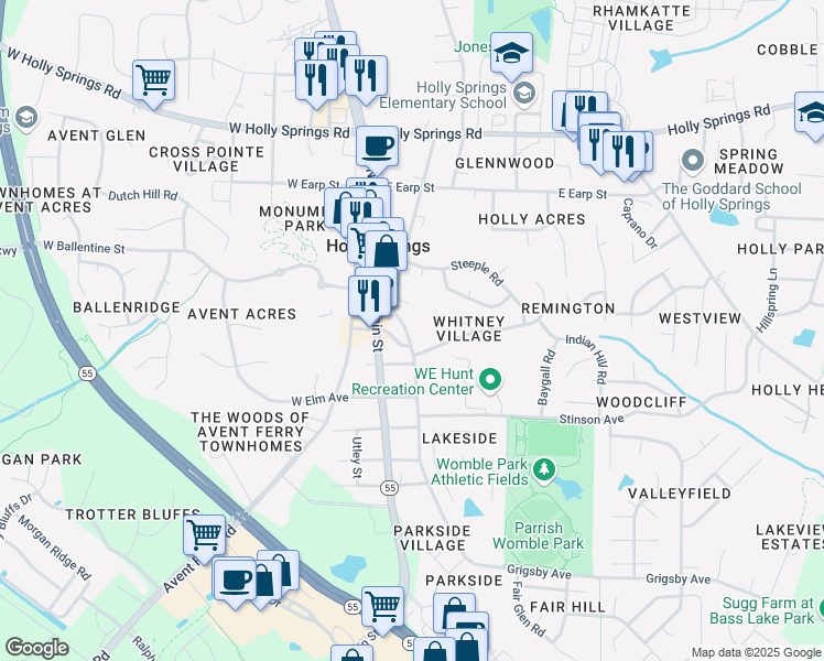 map of restaurants, bars, coffee shops, grocery stores, and more near 211 Grigsby Avenue in Holly Springs