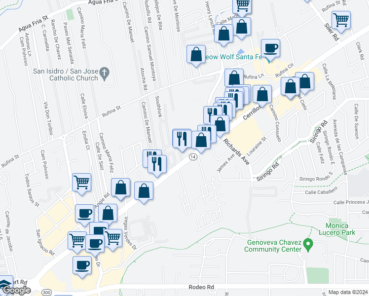 map of restaurants, bars, coffee shops, grocery stores, and more near 3357 Cerrillos Road in Santa Fe