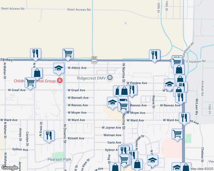 map of restaurants, bars, coffee shops, grocery stores, and more near 540 West Perdew Avenue in Ridgecrest