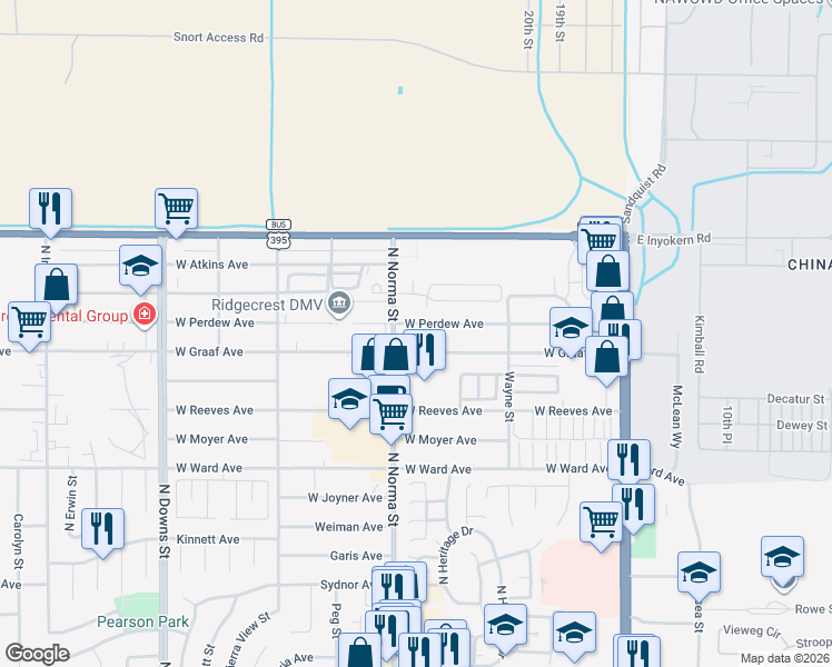 map of restaurants, bars, coffee shops, grocery stores, and more near 428 West Perdew Avenue in Ridgecrest