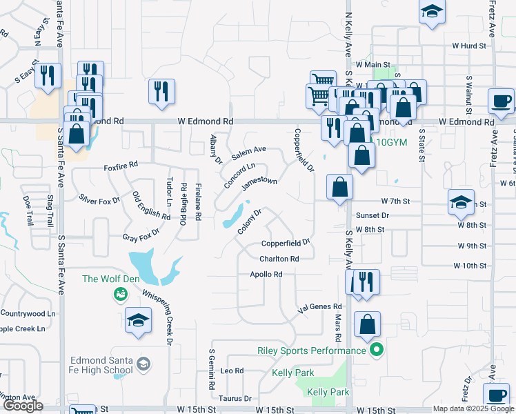 map of restaurants, bars, coffee shops, grocery stores, and more near 605 Colony Drive in Edmond