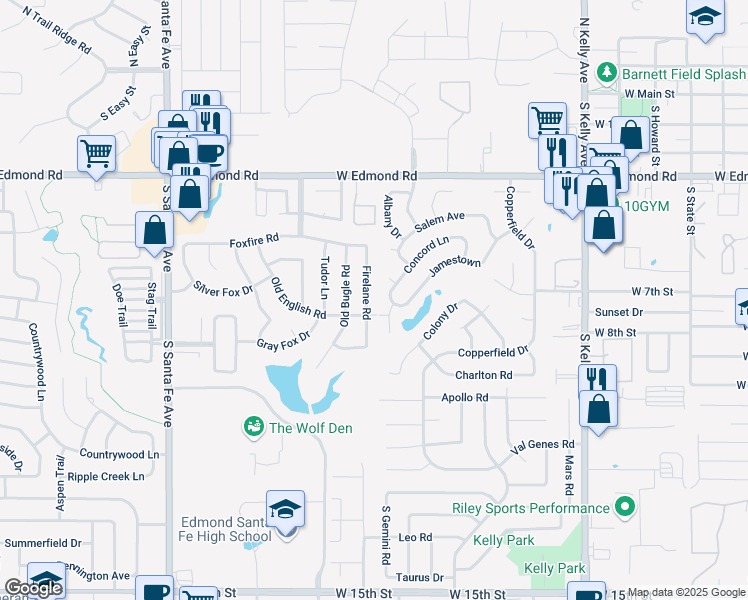 map of restaurants, bars, coffee shops, grocery stores, and more near 1521 Concord Lane in Edmond