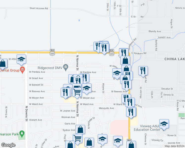 map of restaurants, bars, coffee shops, grocery stores, and more near 333 West Perdew Avenue in Ridgecrest